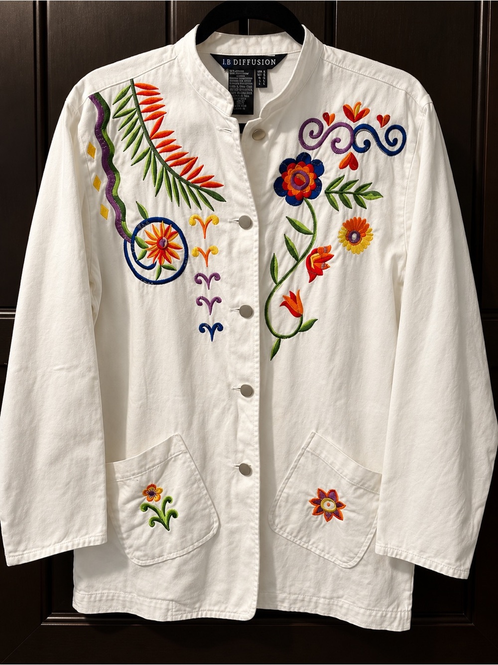 Womens I.B. Diffusion Floral Embroidered Cotton Jacket Boho Vintage Coat size 6